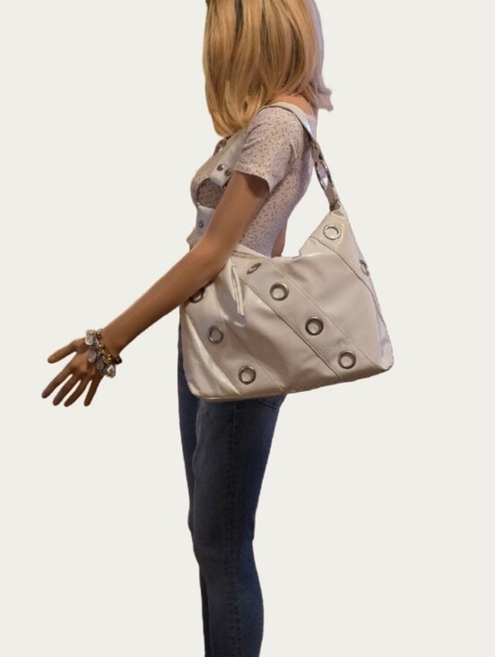 Mussio DeGroot Handbags - Y2K Vintage Rare Mussio DeGroot White Patent Leather Large Grommet Hobo Bag